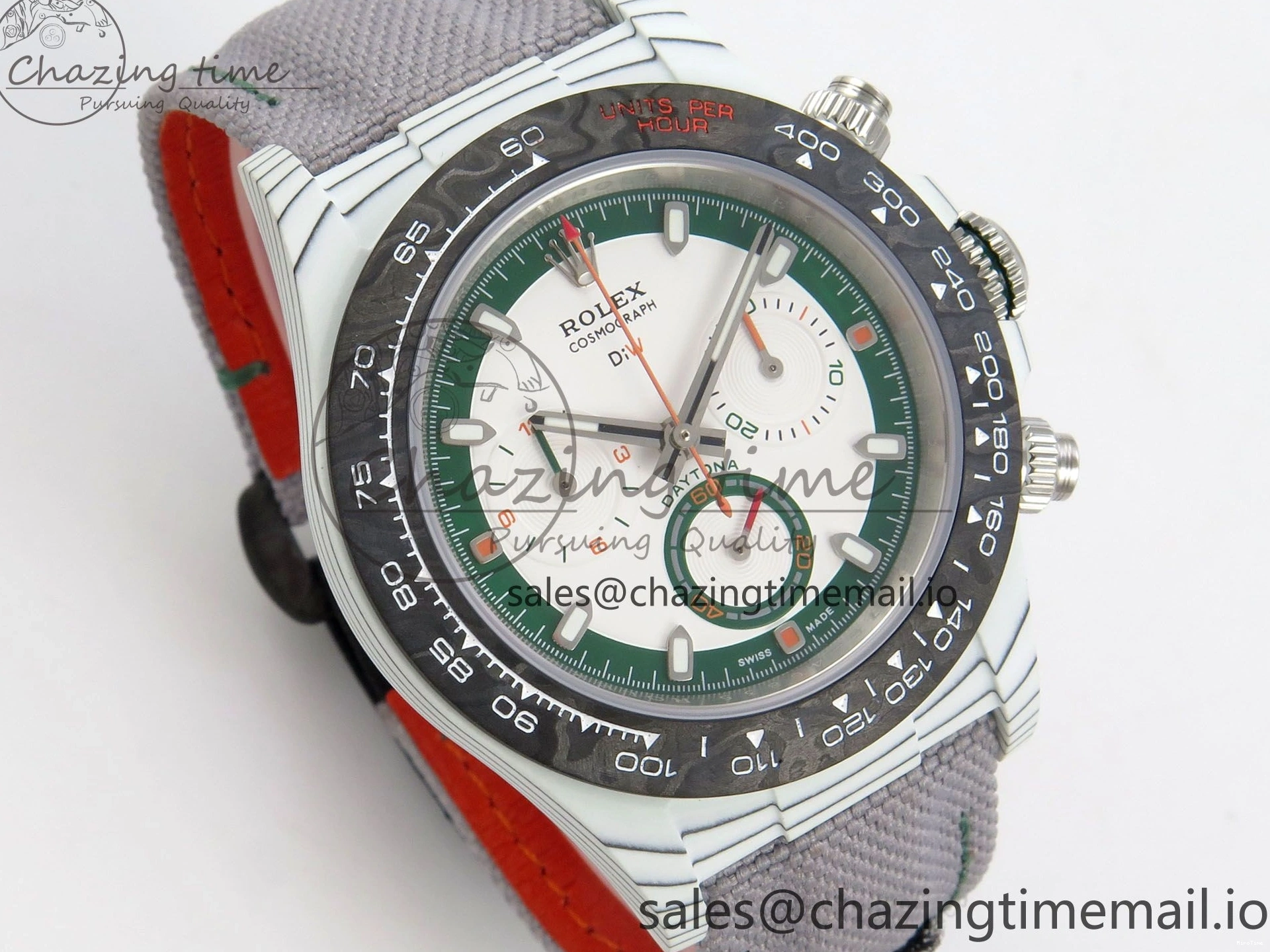 MiroTime 0312 TimelessDesign Daytona DIW Carbon Case and Bezel DIWF Edition White Green Dial on Grey Nylon Strap A 51